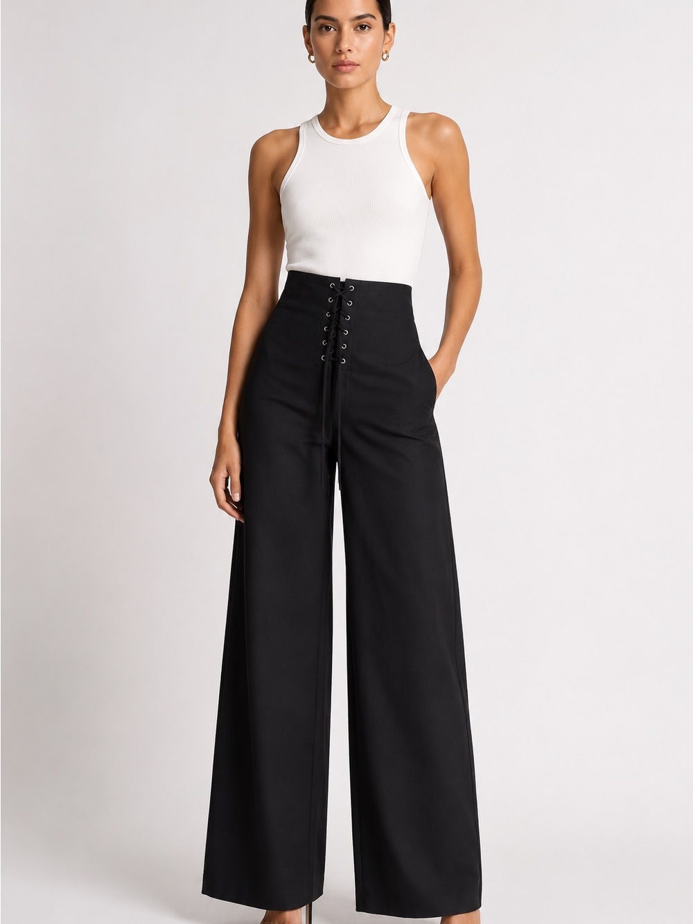 Leon Max NWT Limited Edition Lace Up Wide Leg Pants Black High Rise Sz 10